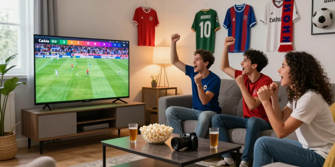 CakhiaTV live football streaming scene with excited fans enjoying a match in a cozy living room.